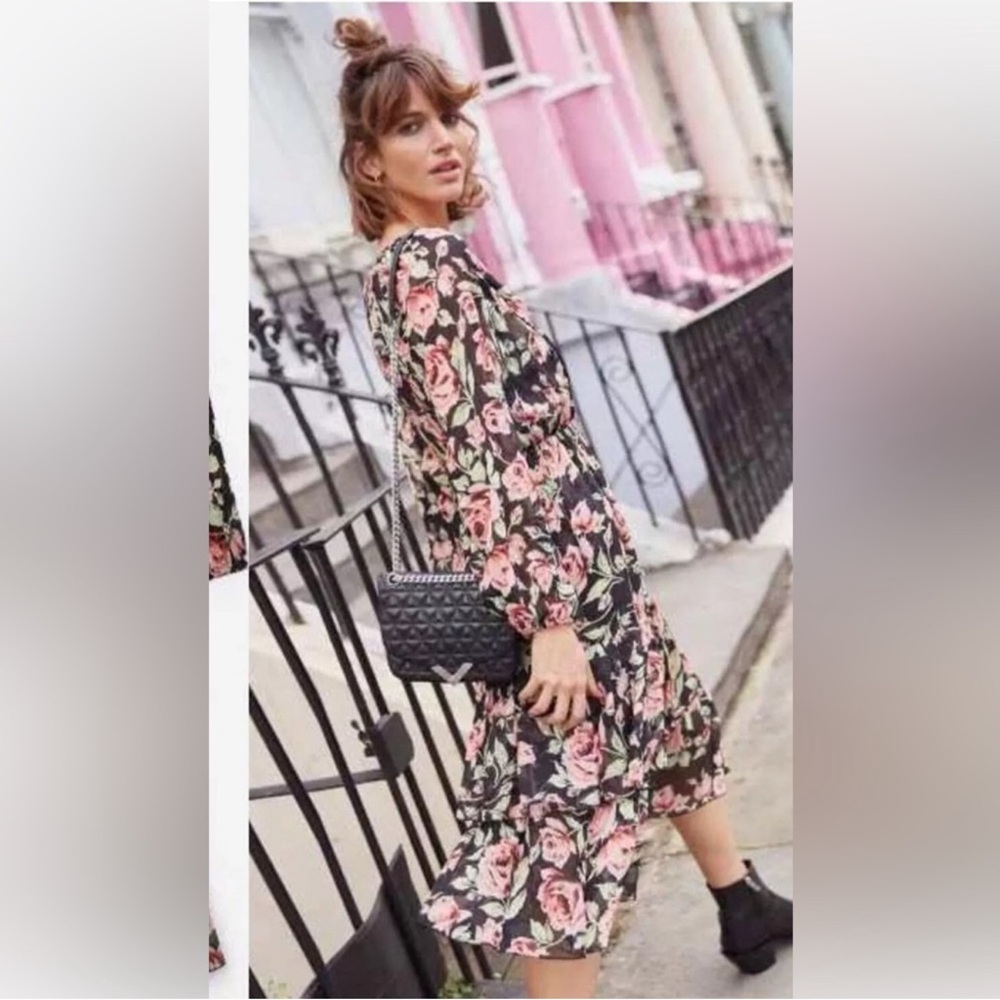 The Kooples 100% Silk Midi Dress With Roses Flowy Ruffled Sz 1= Small - Picture 3 of 16